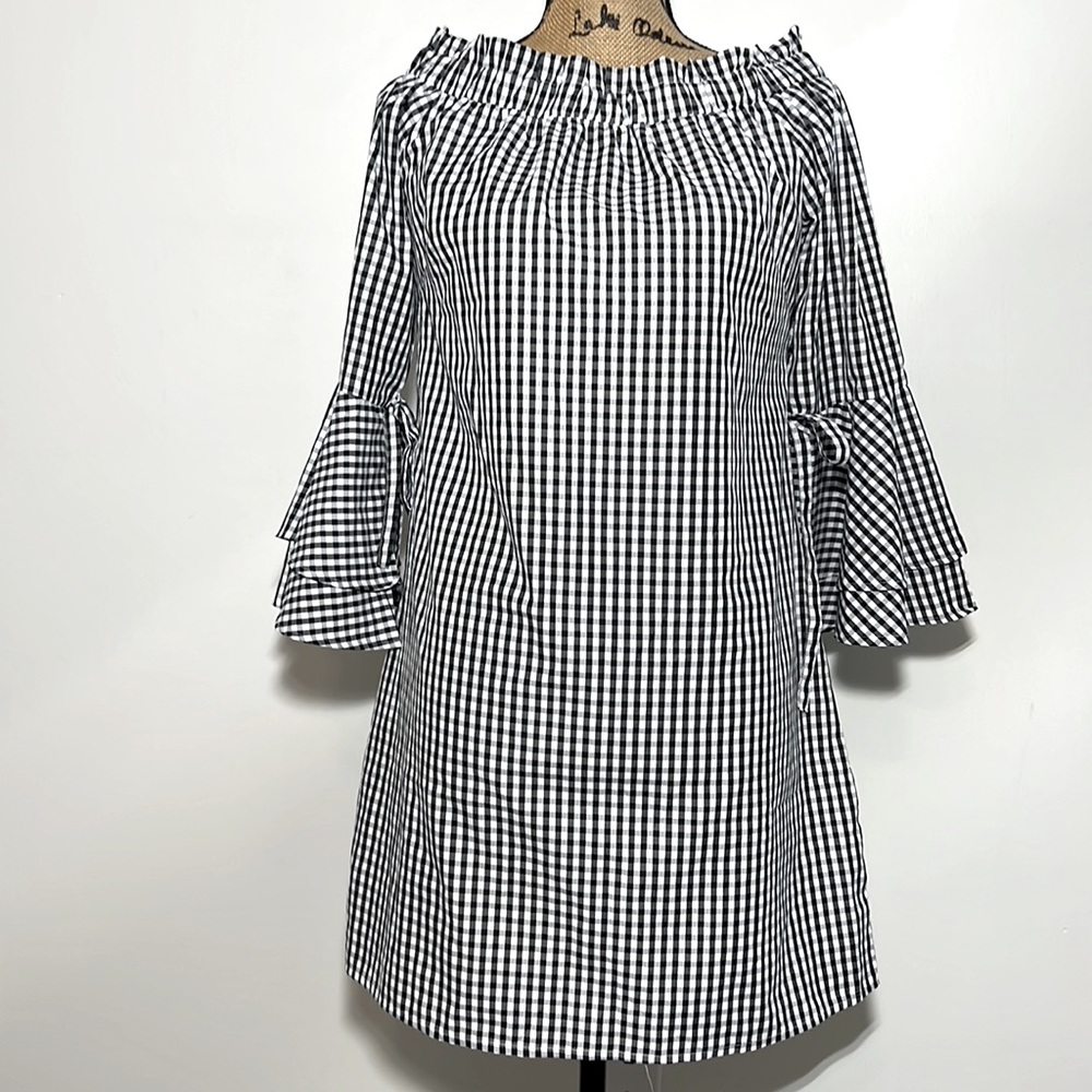 STYLE HOUSE || Off - Shoulder Plaid Bell Sleeve Dress. Sz. M